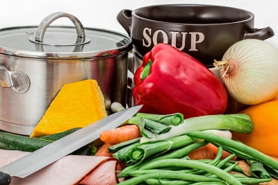 Suppenschüssel, Gemüse, Pfanne, Messer